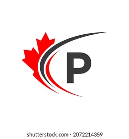 Maple Leaf On Letter P Logo Design Template. Canadian Business Logo, Company And Sign On Red Maple Leaf With P Letter Vector
