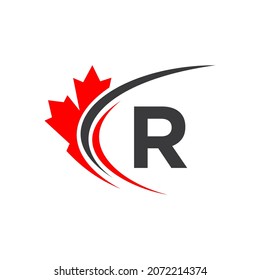 Maple Leaf On Letter R Logo Design Template. Canadian Business Logo, Company And Sign On Red Maple Leaf With R Letter Vector