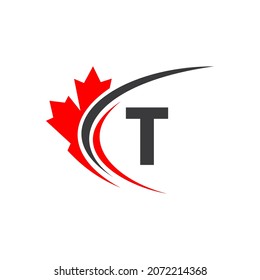 Maple Leaf On Letter T Logo Design Template. Canadian Business Logo, Company And Sign On Red Maple Leaf With T Letter Vector