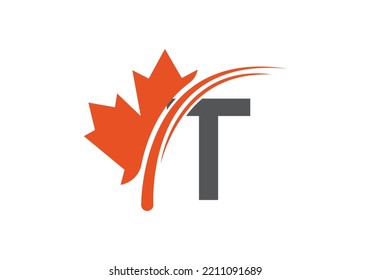 Plantilla de diseño de logotipo de hoja de arce en letra T. Logotipo comercial, negocios e identidad de la empresa de Canadá.
