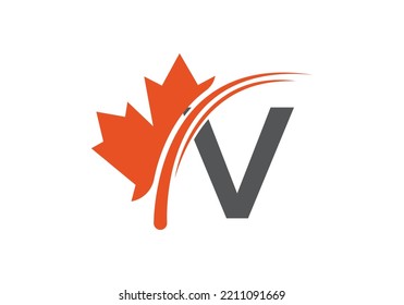 Maple Leaf On Letter V Logo Design Template. Canadian Business Logo, business, and company identity.

