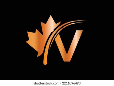 Maple Leaf On Letter V Logo Design Template. Canadian Business Logo, business, and company identity.