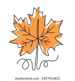 Maple leaf one line hand drawn. vector illustration of autumn leaf continuous line. minimalist icon with orange spot, eps 10. Contour drawing. Minimalist art