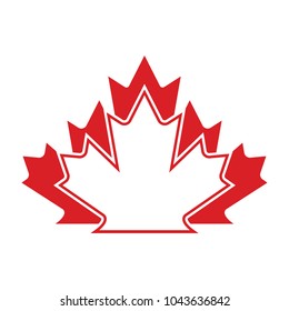 A maple leaf outline with a group of solid red leaves in the background.