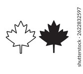 Maple leaf. Outline and silhouette designs. Vector illustration. Isolated icons on white background.