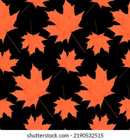 Impresión de hojas de arce otoño patrón sin fisuras hoja de arce naranja sobre fondo oscuro, ilustración vectorial