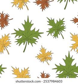 Maple leaf. Repeating vector pattern. Part of tree with veins. Isolated colorless background. Cartoon style. Continuous ornament of multicolored leaves. The shape of the leaf is crown-shaped. 