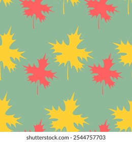Maple leaf. Repeating vector pattern. Flat style. Isolated green background. Continuous ornament of yellow and red leaves. The leaf shape is crown-shaped. Idea for web design.