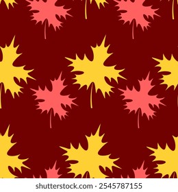 Maple leaf. Repeating vector pattern. Flat style. Isolated red background. Continuous ornament of yellow and red leaves. The shape of the leaf is crown-shaped. Idea for web design.