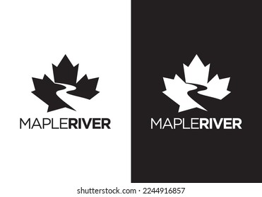 maple leaf with river logo design vector illustration