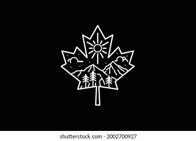 Maple Leaf With Rocky Mountains Landscape Canada Line Art Logo Design Vector Illustration 