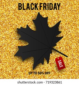 Maple leaf and sale label on golden sparkling background. Vector illustration