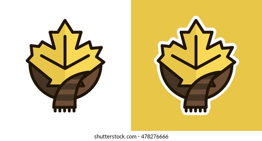 Maple leaf and scarf logo, icon, sign. Isolated on an orange background.  Logo theme of autumn