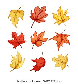 maple leaf set cartoon. canadian autumn, flag symbol, yellow tree maple leaf sign. isolated symbol vector illustration