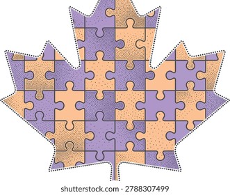 Maple leaf shape composed of interlocking puzzle pieces in purple and orange with canadian interlocking abstract illustration jigsawpuzzle solution strategy education