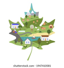 Maple Leaf Shape. Nature Farm and Garden vector concept. Water and Grass. Agriculture and nature. Ships on the water, green grass and trees. New eco technologies for growing plants.