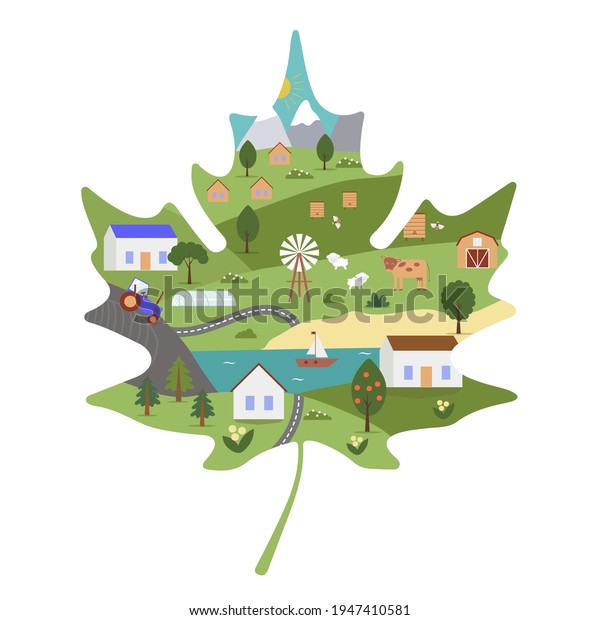 Maple Leaf\
Shape. Nature Farm and Garden vector concept. Water and Grass.\
Agriculture and nature. Ships on the water, green grass and trees.\
New eco technologies for growing\
plants.