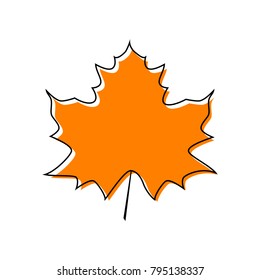 Maple leaf sign. Vector. Black line icon with shifted flat orange filled icon on white background. Isolated.