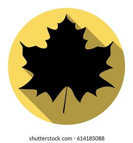 Maple leaf sign. Vector. Flat black icon with flat shadow on royal yellow circle with white background. Isolated.