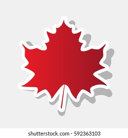 Maple leaf sign. Vector. New year reddish icon with outside stroke and gray shadow on light gray background.