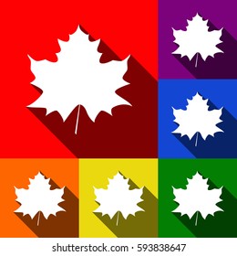 Maple leaf sign. Vector. Set of icons with flat shadows at red, orange, yellow, green, blue and violet background.