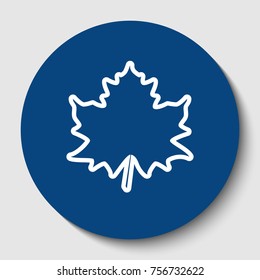 Maple leaf sign. Vector. White contour icon in dark cerulean circle at white background. Isolated.