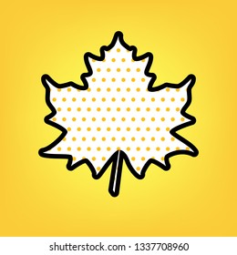 Maple leaf sign. Vector. Yellow polka dot white icon with black contour at warm yellow background.