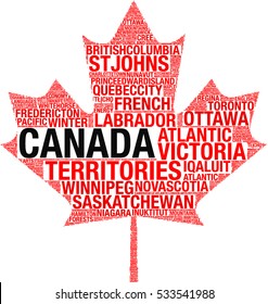 Maple leaf silhouette Canada flag detail tag cloud illustration