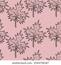 Maple leaf. Sketch. Seamless vector pattern. Part of the tree with veins. Outline on isolated pink background. Doodle style. Endless ornament of leaves. The shape of the leaf is crown-shaped. 