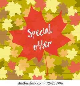 Maple leaf with special offer on autumn background.