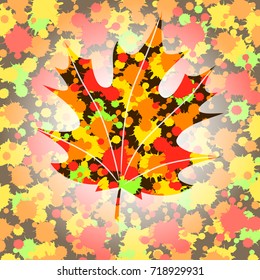 Maple leaf, symbol of autumn, on background with drops and splashes.