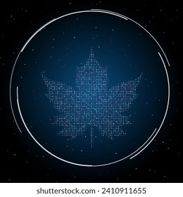 The maple leaf symbol filled with white dots. Pointillism style. Some dots is pink. Vector illustration on blue background with stars