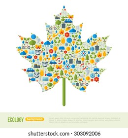 Maple Leaf Symbol with Flat Ecology Icons. Vector Illustration. Wild Nature Concept or Environment Sign.