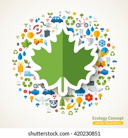 Maple leaf symbol flat sticker. Vector concept illustration with icons of ecology, environment, green energy and pollution. Save the planet. Eco Technology.