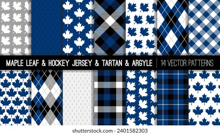 Maple Leaf, Tartan Plaid,  Argyle and Hockey Jersey Texture Seamless Vector Patterns in Blue, White, Grey and Black. Sports Theme Backgrounds. Repeating Pattern Tile Swatches Included.