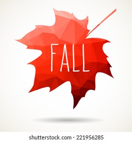 Maple leaf in triangular style with hand drawn word 'Fall'.