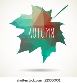 Maple leaf in triangular style with hand drawn word 'Autumn'.