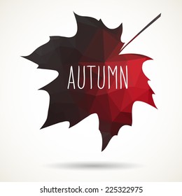 Maple leaf in triangular style with hand drawn word 'Autumn'.