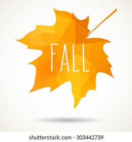 Maple leaf in triangular style with hand drawn word 'Fall'.