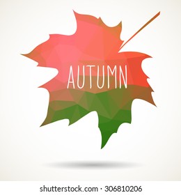 Maple leaf in triangular style with hand drawn word 'Autumn'.