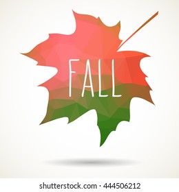 Maple leaf in triangular style with hand drawn word 'Fall'.