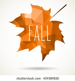 Maple leaf in triangular style with hand drawn word 'Fall'.