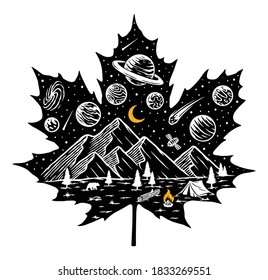 Maple leaf and universe illustration