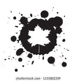 Maple leaf. Vector autumn background with white leaf on black ink blobs
