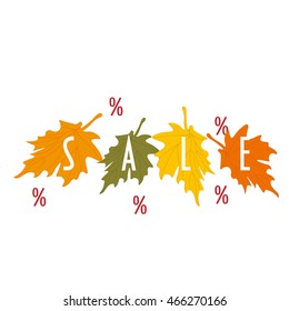 Maple leaf with a white text of autumn sale at background. Vector illustration of green and yellow leaves with a sale text. Autumn sale. Autumn discounts. Ready for design. Fall Sale. Autumn sale tag.