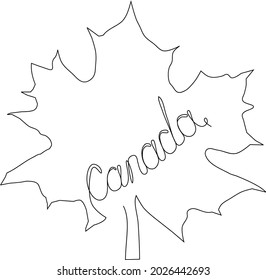 Maple leaf with the word Canada inscribed in the middle. One line art. Botany natural eco concept. Hand drawn design minimalism style.