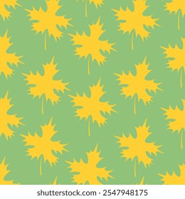Maple leaf. Yellow part of the tree with veins. Seamless vector pattern. Flat style. Isolated green background. Endless ornament of golden leaves. The shape of the leaf is crown-shaped. 
