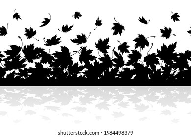 Maple leaves. Autumn background template with flying and falling leaves. Autumn leaf border. Black silhouette with mirror reflection. Seamless pattern. Isolated. Vector illustration