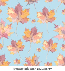 Maple leaves black line drawn with colorful vector back pattern. Endless texture on blue backround. Print for textile, umbrella, wallpaper, wrapping paper