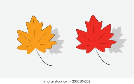 hojas de arce color Amarillo y rojo con sombras sobre fondo blanco , Ilustración vectorial